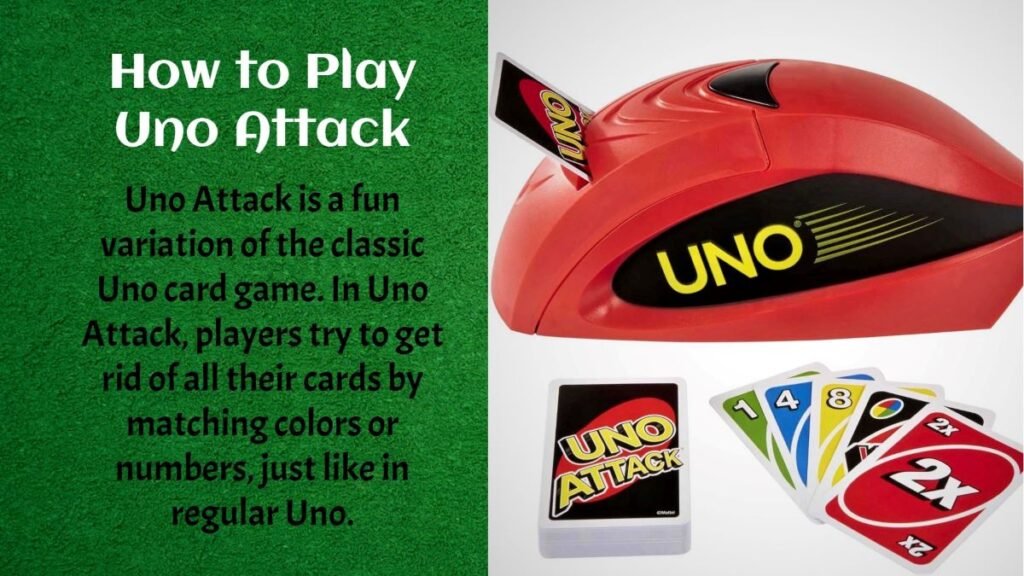 The UNO Attack is a card shooting machine game with a card launcher to shoot out cards randomly, after pressing the button. The main difference between Uno Attack and the original Uno is that instead of drawing cards, players press a button on the card launcher.