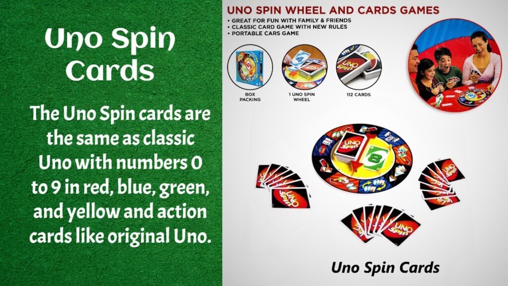 The Uno Spin includes 112 cards, the same as the classic Uno with numbers 0 to 9 in red, blue, green, and yellow suits including spin and star cards. Special cards include Reverse, Skip, Draw Two, Wild, Draw Four, and Wheel Reference Cards.
