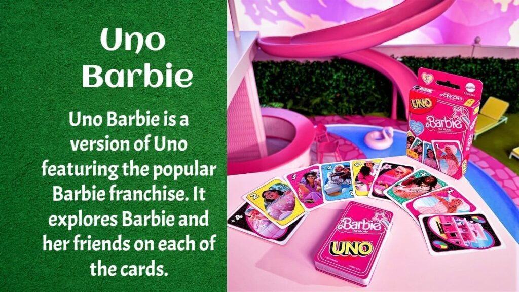The Barbie UNO gameplay is inspired by the classic card game, in which participants must match colors and numbers to eliminate all of their cards. Additionally, a unique rule called "Played With Too Much" requires players to both discard and draw cards. In addition, players must remember to loudly declare "UNO!" when they have just one card remaining.