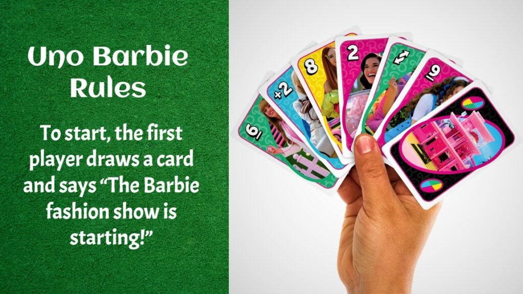The Barbie UNO gameplay is inspired by the classic card game, in which participants must match colors and numbers to eliminate all of their cards. Additionally, a unique rule called "Played With Too Much" requires players to both discard and draw cards. In addition, players must remember to loudly declare "UNO!" when they have just one card remaining.