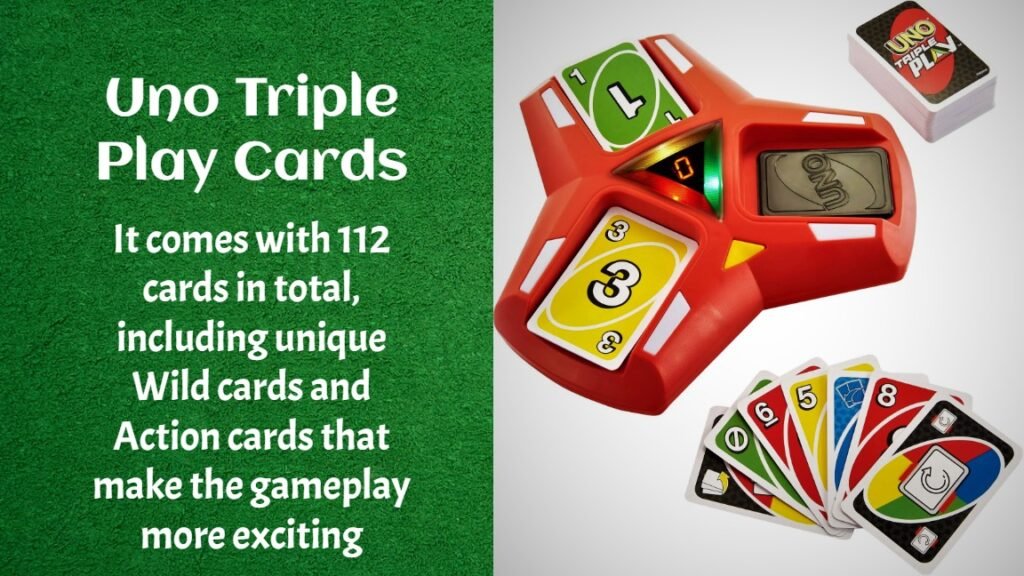 The 112 cards in Uno Triple Play include number cards 0 to 9 in four colors: red, blue, green, and yellow. There are also Special cards like Wild cards, Draw Two, Reverse, Skip, and Action cards like Discard Two of the same color card, Wild Clear cards, and Wild Give Away cards.