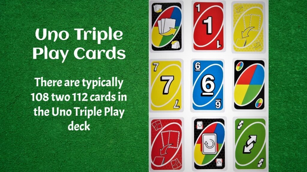 The UNO Triple Play deck consists of 112 cards divided into four different colours: red, yellow, green, and blue.