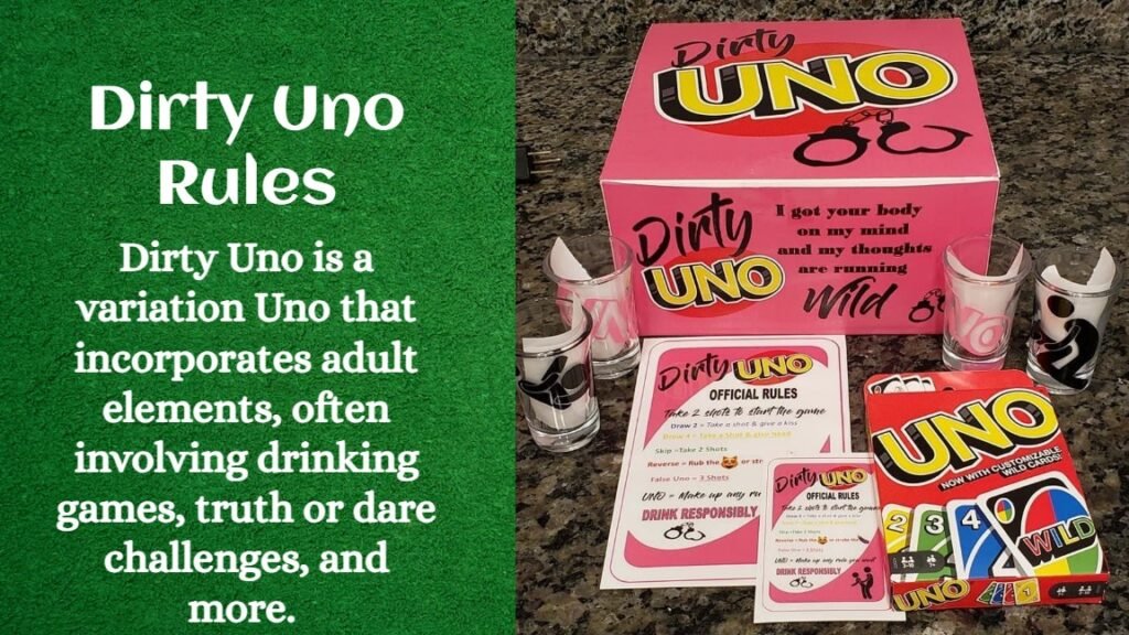 Strip and Dirty Uno is a variation of the classic Uno card game, spiced up with unique rules. Players are dealt 7 cards each and play like regular uno.