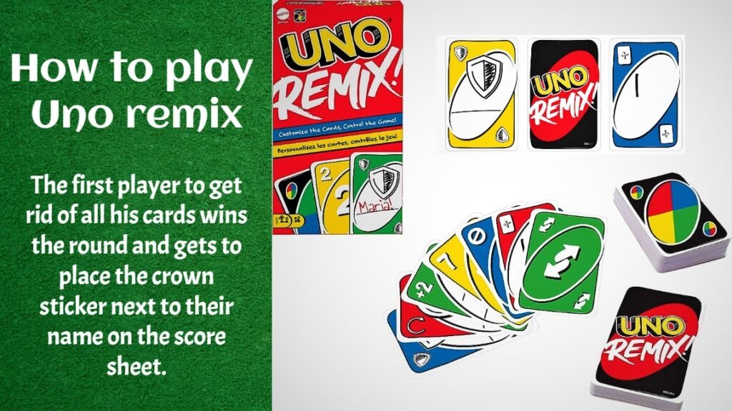 UNO Remix is a customizable variation of UNO designed for 2-10 players, ages 7 and over. In this version, players can personalize the game by creating their own rules and cards. Each player starts off with a score sheet and a blank remix card.