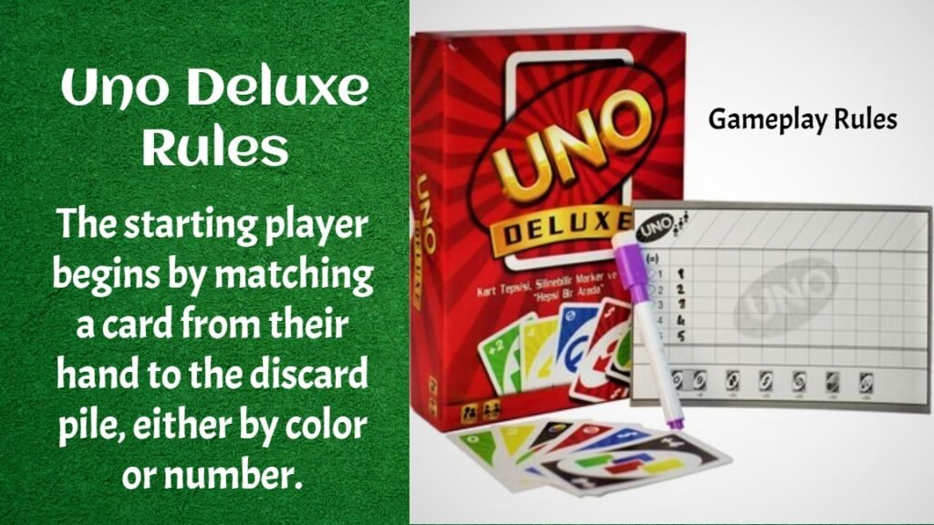 UNO Deluxe is an upgraded version of the classic UNO card game that has more cards and components than the standard deck. The idea is to get rid of all your cards first by matching their colors, numbers, or words. Players score points based on how many cards they have left, and the player with the most points wins.