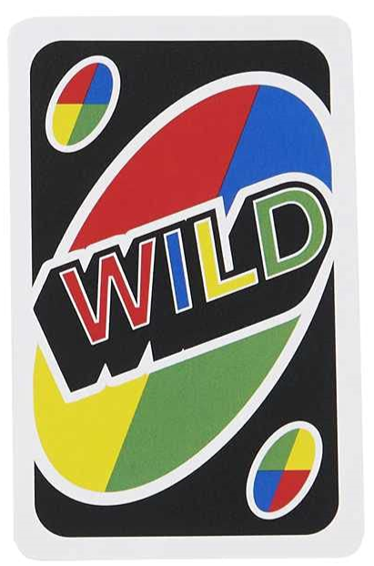 The simple wild card is one of the four types of wild cards in UNO Triple Play, a card game that uses a device that holds three discard piles and makes the game more fun and challenging.