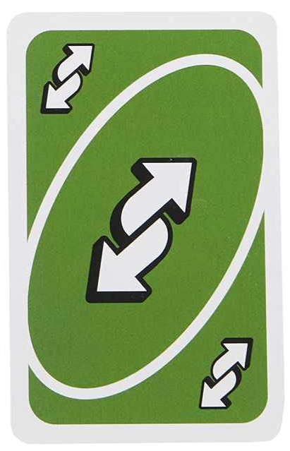 The reverse card reverses the direction of play for all players. The direction of play changes from clockwise to counter-clockwise, or vice versa, depending on the original direction.