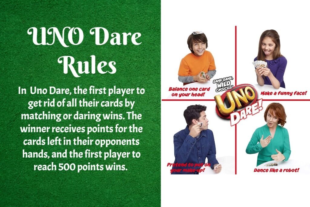 The rules for playing UNO Dare are similar to UNO But the difference is the addition of dare cards. To start playing, you need to select a dare list card, such as Family, Daredevil, Showoff, or House Rules. Then, before starting the game, players choose a Dare List card and put the others away.