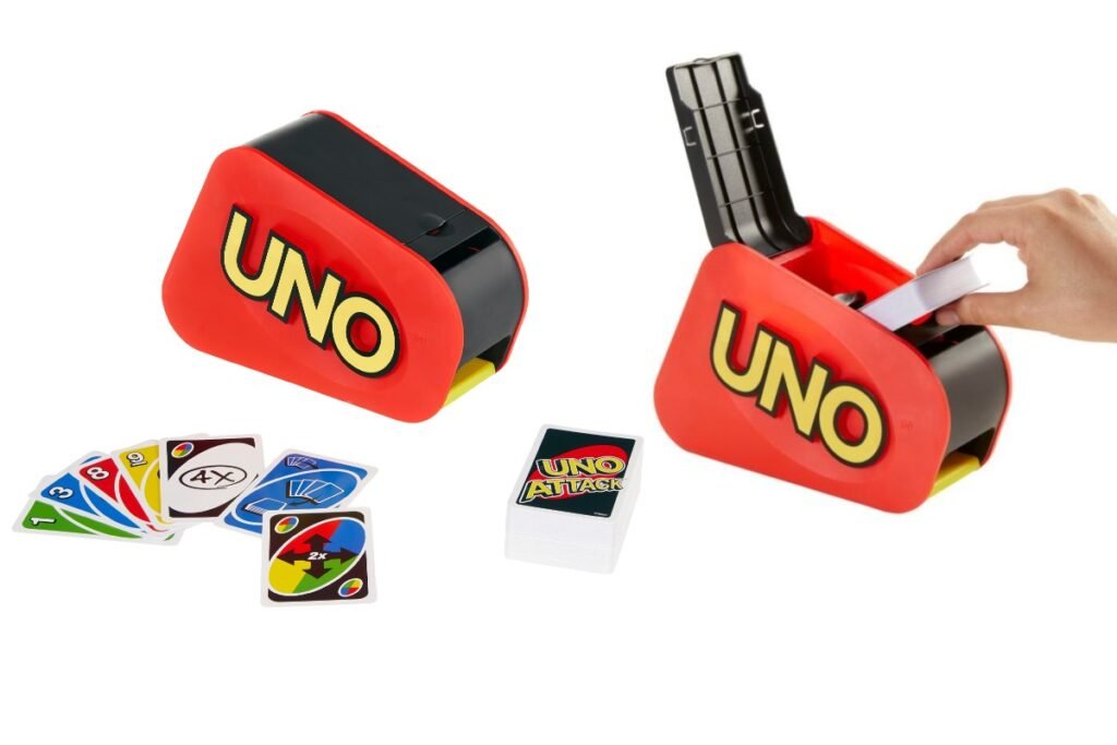 UNO Attack, also known as UNO Extreme in Canada and the United Kingdom, is a variation of the popular card game UNO that includes 112 cards and a mechanical card launcher. The game is for 2–10 players ages 7 and up. When a player draws a card they can't play, the shooter fires a stream of UNO Attack cards that the player must add to their hand. 