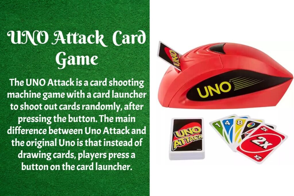 UNO Attack is a card shooting machine game with a card launcher to shoot out cards randomly, after pressing the button. The main difference between Uno Attack and the original Uno is that instead of drawing cards, players press a button on the card launcher.