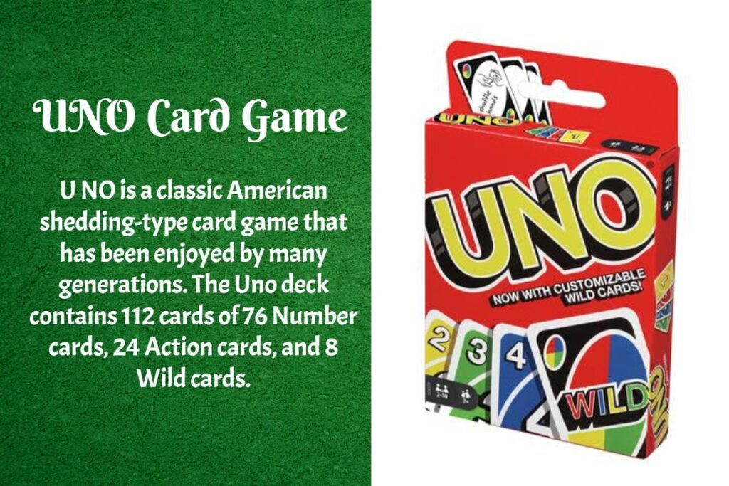 UNO is a classic American shedding-type card game that has been enjoyed by many generations. The Uno deck contains 112 cards of 76 Number cards, 24 Action cards, and 8 Wild cards.