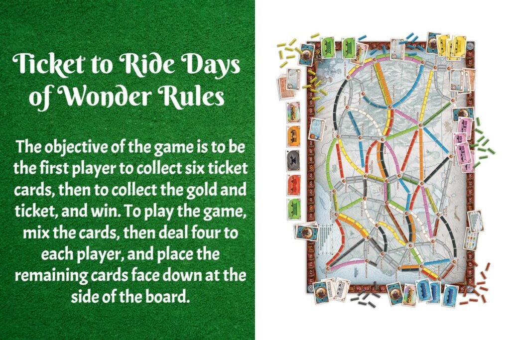 Ticket to Ride Days Of Wonder 3 The objective of the game is to be the first player to collect six ticket cards, then to collect the gold and ticket, and win. To play the game, mix the cards, then deal four to each player, and place the remaining cards face down at the side of the board.